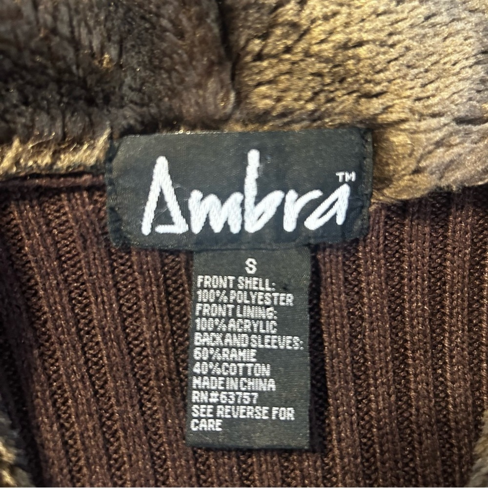 Ambra Womens Brown Faux Suede Fur Collar Ribbed Knit Cardigan Small - Picture 4 of 6